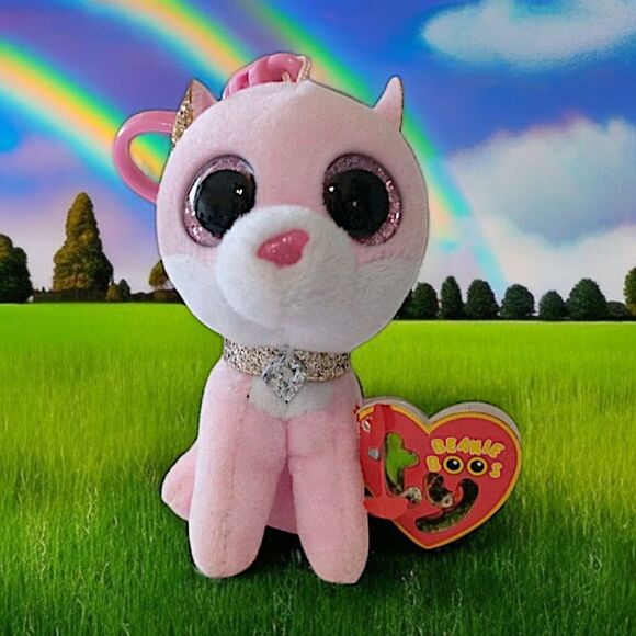 Fiona Ty Beanie Boos Keychain Key Ring Pink Stuffed Animal Plush Big Eyes Tags. - Picture 1 of 16